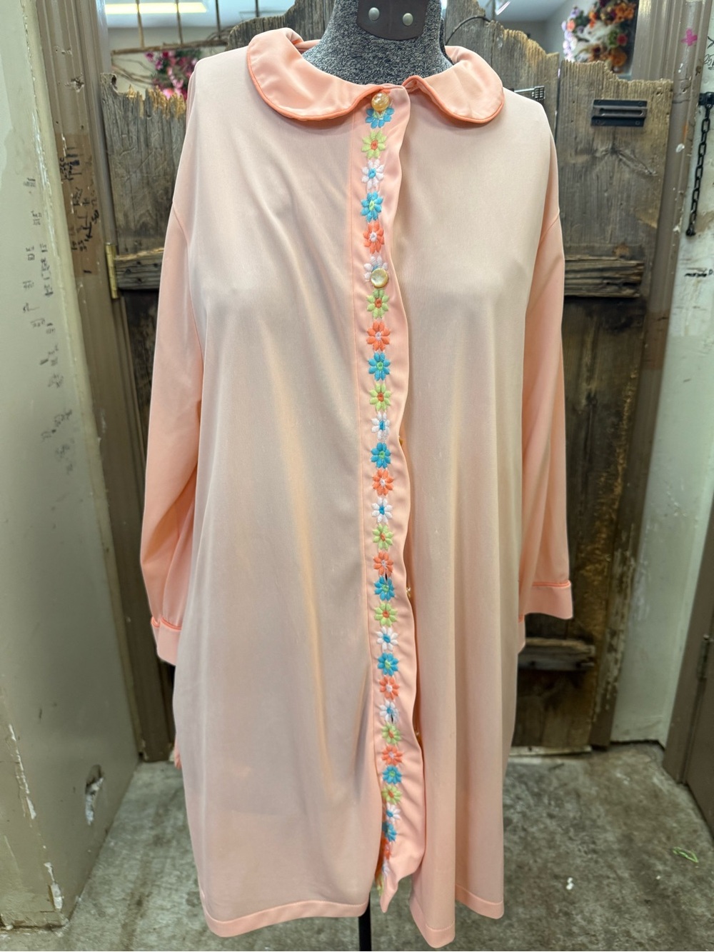 Sears Peach Floral-Trim Long Sleeve Nightgown
